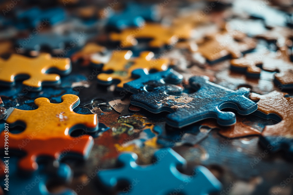 Colorful puzzle pieces close up a jumbled mix of blue orange and yellow puzzle parts