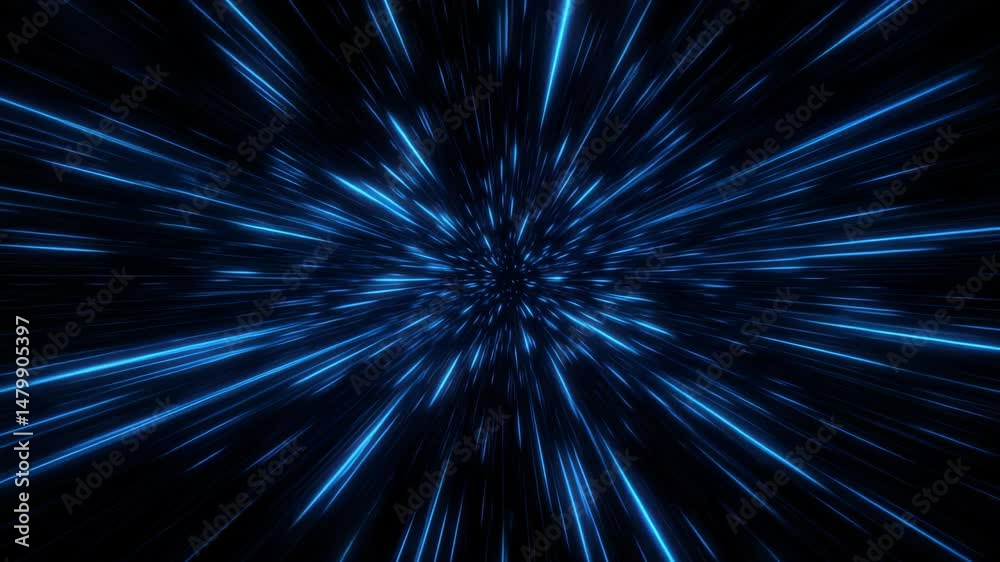 Speeding through space with neon blue light streaks creates an abstract futuristic tunnel effect