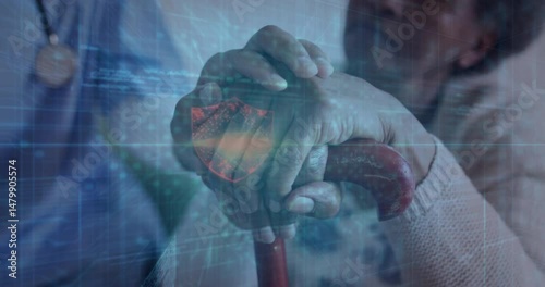 Healthcare worker placing hand on patient with cane in clinic displaying digital shield, grid lines