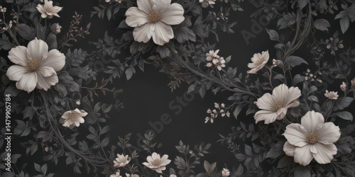 Elegant dark charcoal wallpaper  Featuring intricate floral vines and delicate blossoms, seamless pattern , botanical, seamless pattern