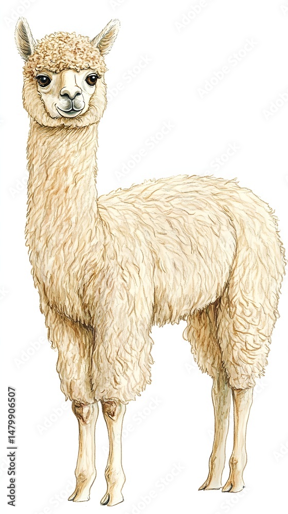 Obraz premium Fluffy cream-colored alpaca, illustrated in a setting.