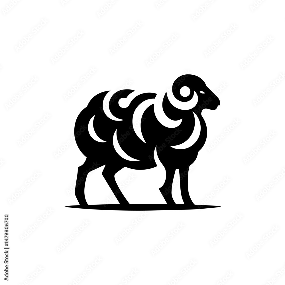 Obraz premium Stylized black sheep with curly wool isolated on white background. Minimalist animal illustration. 