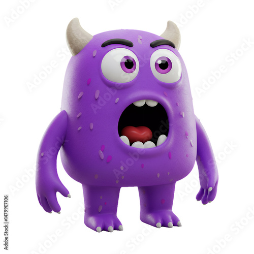 3D Render of a Surprised Purple Monster with Horns; Adorable Cartoon Creature Design