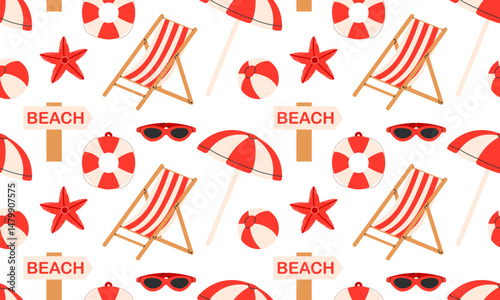 Beach seamless pattern. Summer holiday by sea background. Tropical vacation. Travel, beach, summertime accessory. Beach chair, umbrella, ball, lifebuoy. Hand drawn vector illustration