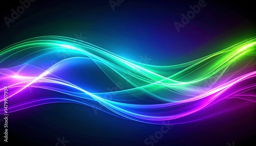 Abstract Waves of Vibrant Purple and Green Light Flowing Against a Dark Background