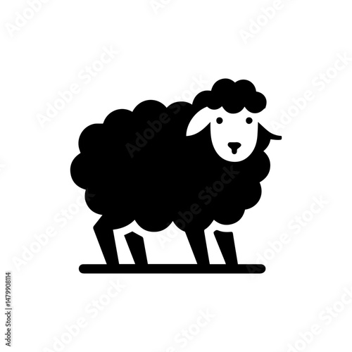 Minimalist black sheep with curly wool stands isolated on white background. Animal farming concept vector logo