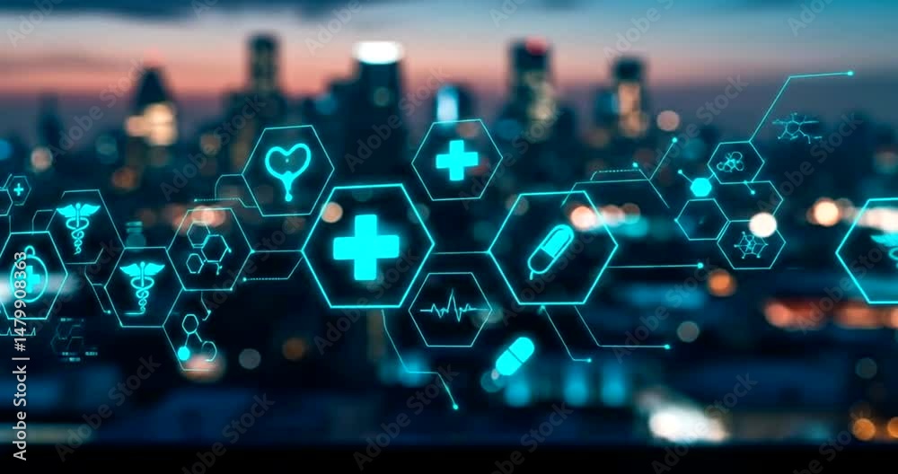 Digital Medical Icons Overlaying Blurred Cityscape at Dusk