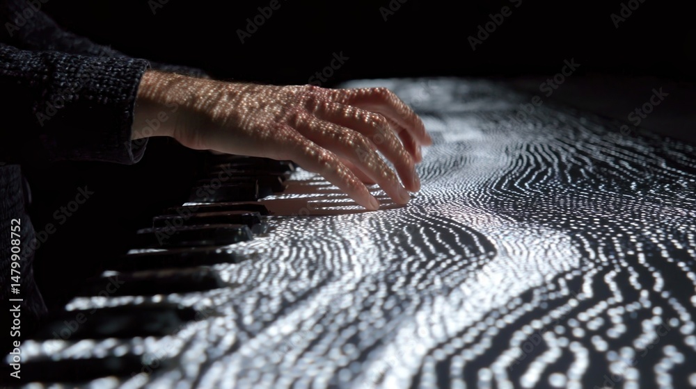 Obraz premium A dedicated coder collaborates with an AI interface palms hovering over a tactile keyboard. Letters appear in rhythmic succession each keystroke unleashing an extraordinary wave of