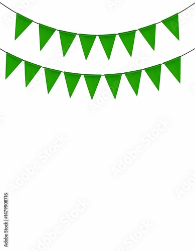 Two strings of vibrant green triangular pennants hang against a stark white background, suggesting a festive or celebratory decoration