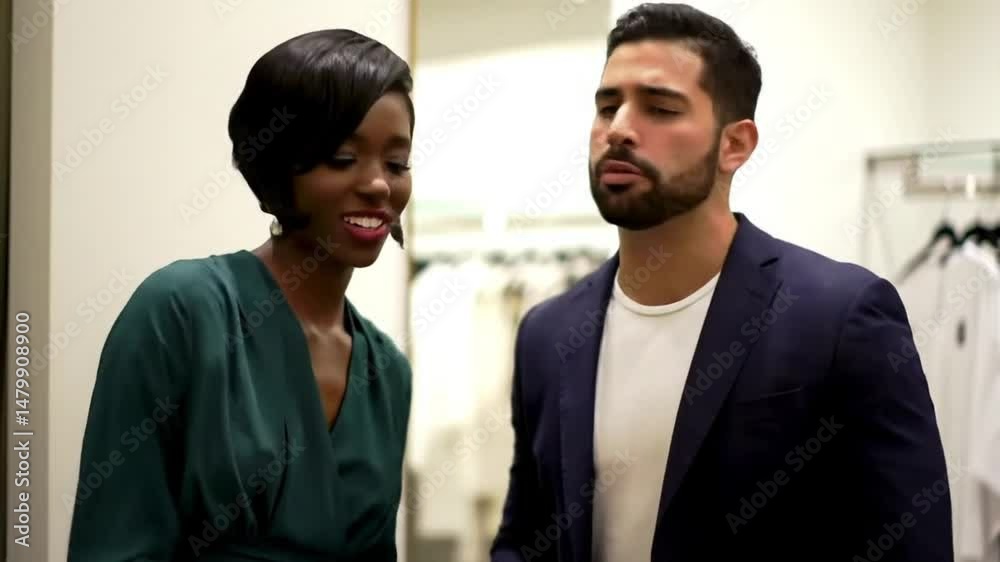 Couple of fashion models dancing and singing in fitting room Couple of fashion models dancing and singing in fitting room