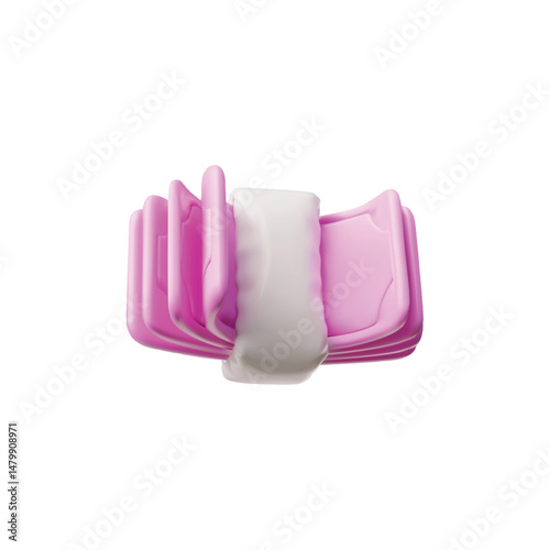 Wrapped stack of currency banknotes stack from pink inflated balloon, 3D vector dollar bills money cash, finance payment