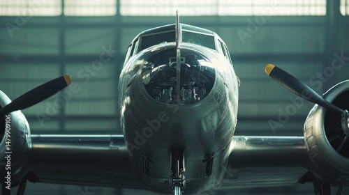 Vintage aircraft in hangar.  Close-up view of the front of a historic biplane