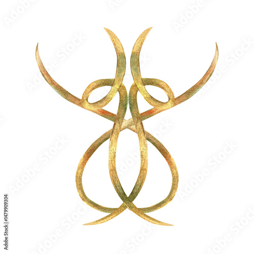 Gold ornament of vibrant collection. Curls, ribbons elements hand-painted in watercolor with gold paint accents. Isolate is presented for decorating textiles, interior, wallpaper, prints, packaging