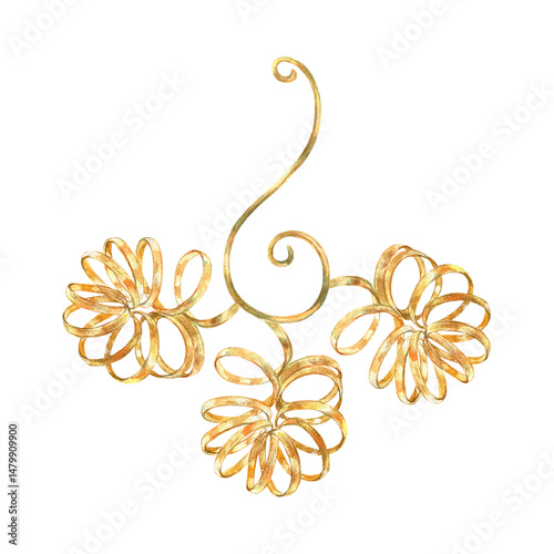 Gold curl, ribbons in vibrant collection. Hand-painted in watercolor with gold paint accents. Isolate element is presented for decorating, designing textile, wallpaper, prints, packaging