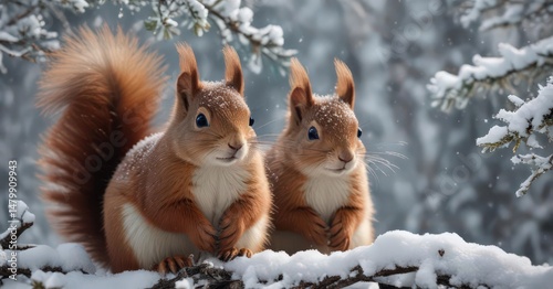 Fluffy red squirrel nestled in snowy branches, snowflakes falling , beautiful, fauna, picture