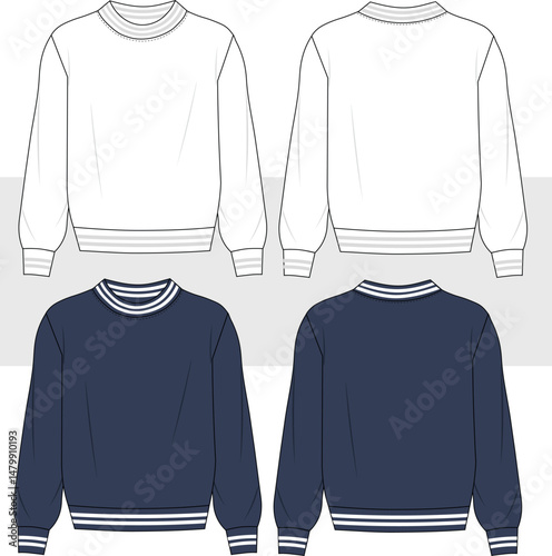 Unisex Round Neck Striped Sweatshirt with rib details fashion technical drawing, illustration. Flat sketch template. Jersey sweatshirt, front and back view, Cad, Mockup.