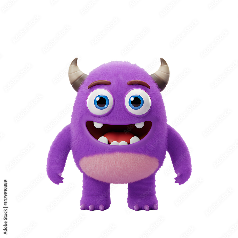 Fototapeta premium Adorable Purple Monster Character Design 3D Render Illustration Cheerful Happy Friendly Cartoon