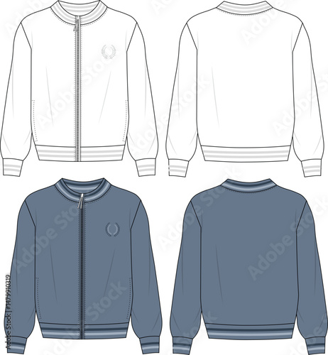 Men's varsity jacket - bomber jacket sweatshirt technical fashion drawing, flat sketch, illustration. Vector Front and back view. Cad, Mockup.
