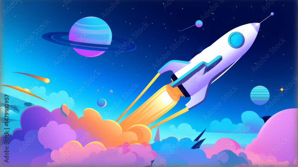 Naklejka premium Cartoon spaceship taking off space exploration journey rocket launch wallpaper
