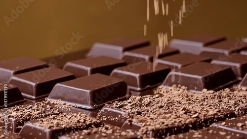 Grated Chocolate Falling on Chocolate Bars