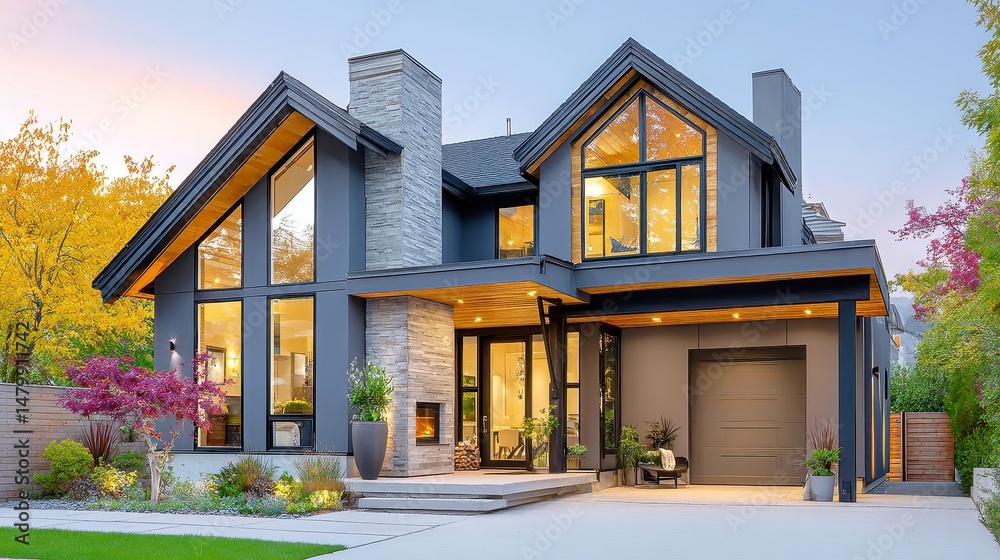 Fototapeta premium Contemporary Home with Architectural Shingles, showcasing durable design and striking curb appeal, featuring spacious interiors and a harmonious blend of style and functionality.