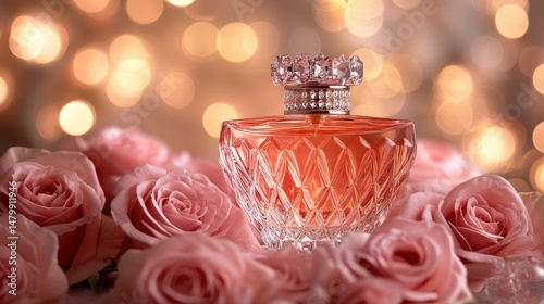 Elegant perfume bottle with diamond cap on rose petals bokeh background. Perfect for cosmetics ads, romantic themes, and Valentine's Day designs.