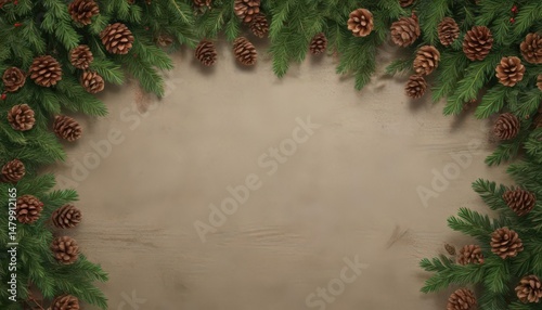 Lush fir branches and rustic pine cones create a festive Christmas border ,  seasonal,  holiday border