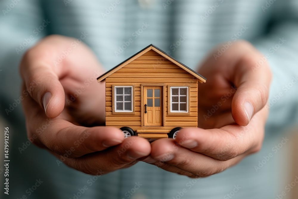 Hands Holding Miniature Wooden House Model with Brown Exterior Design Hands Holding Miniature Wooden House Model with Brown Exterior Design