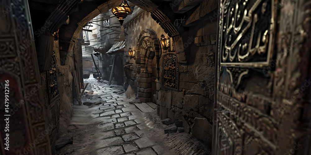 Obraz premium Narrow cobblestone alleyway with stone walls intricate carvings and lanterns