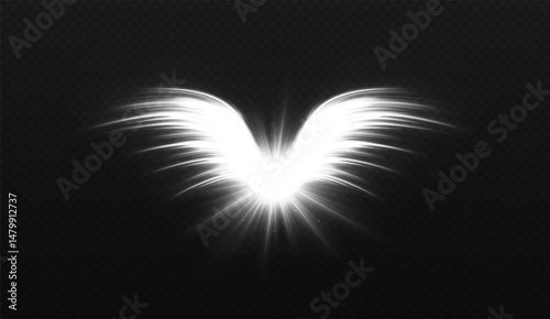 Magic bright angel wings with sparkling rays effect. Glowing star with shinning angel wings effect.