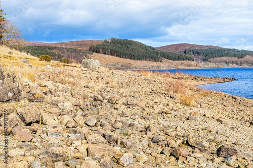 A view along the rocky north shore of lake Tryweryn near Bala, Wales in springtime