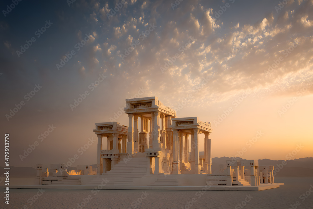 Fototapeta premium Majestic ancient temple structure surrounded by a vast desert landscape at sunset with clouds in the sky