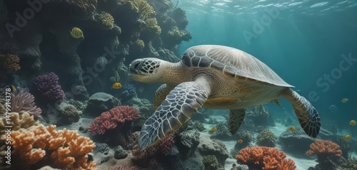 A green sea turtle glides through a breathtaking underwater coral garden ,  tropical,  nature photography,  vibrant reef