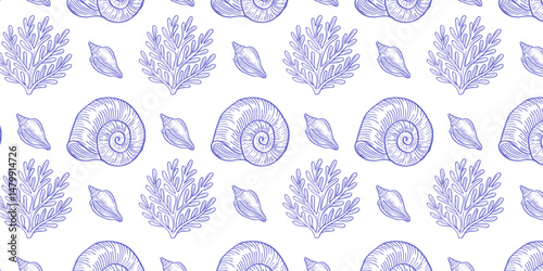 La dolce vita themed seamless pattern with seashells. Blue hand-drawn vector inspired by Italian design.