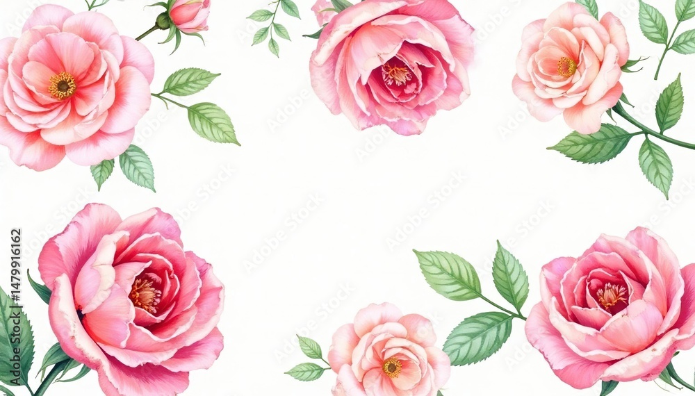 Fototapeta premium Delicate watercolor roses & leaves, repeating pattern , background, soft