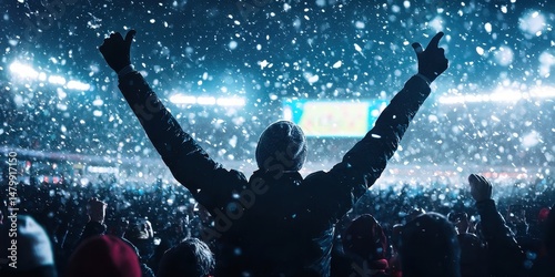 A cheering fan celebrates in a snowy stadium at night, surrounded by a large, enthusiastic crowd under bright lights.