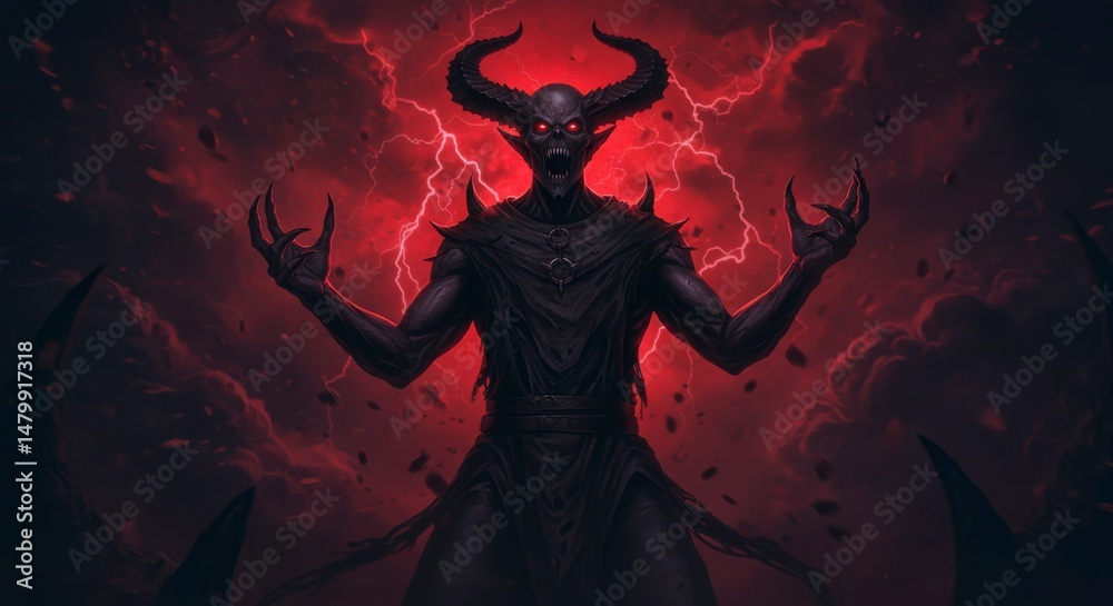 Dark demonic figure, intense, powerful, with red lightning Dark demonic figure, intense, powerful, with red lightning