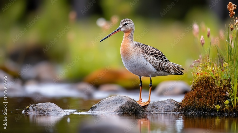 Obraz premium Ruff standing on rock in river, colorful plumage, blurred background