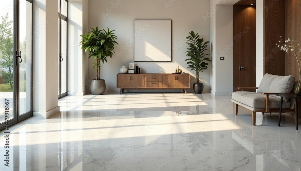 Fototapeta premium Gleaming marble floor, polished to a high shine, reflecting light , stone, flooring