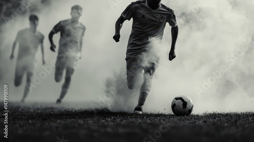 Three soccer players run through mist on a grassy field, one leading with the ball as others chase in the background.