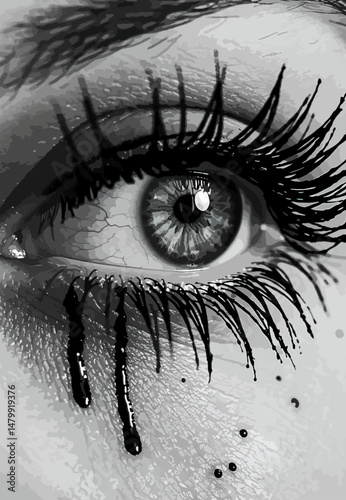 A detailed black-and-white close-up of a human eye streaming tears, emphasizing emotion and depth through the striking texture, contrast, and delicate mascara streaking.