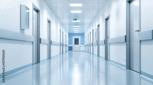 Clean, modern hospital corridor with bright lighting and white walls, conveying sense of calm and professionalism
