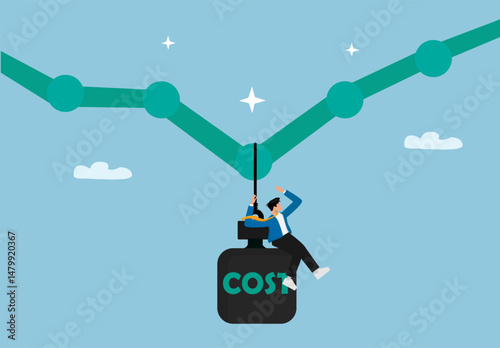 Businessman Hanging on Heavy Cost Weight Dragging Down Profit Graph as Symbol of Financial Burden, Expense Management, and Business Risk