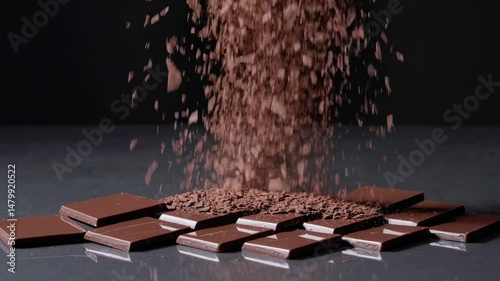 Grated Chocolate Falls Smoothly Over Chocolate Slices in Rich Dark black background