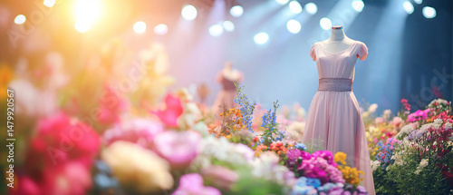 AI generator image of Models walks the runway fashion show in flowers garden , model walks the runway concept nature of life