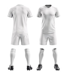 Clean mockup of a plain white soccer jersey, front and back view on isolated background