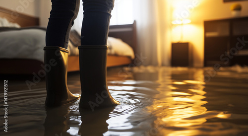 pessoa usando botas de borracha em quarto inundado, inundação residencial e conceito de danos causados ​​pela água