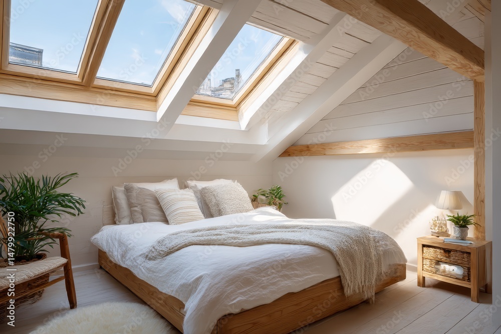 Fototapeta premium Interior of cozy attic bedroom with skylight 