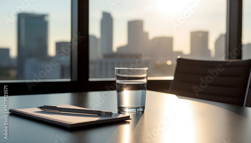 Water Glass Notebook and Pen on Office Desk with City View