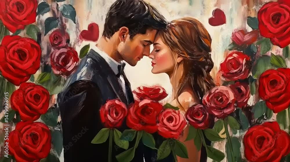 Romantic Encounter: A Couple Embraces Among Roses and Floating Hearts in Elegant Style